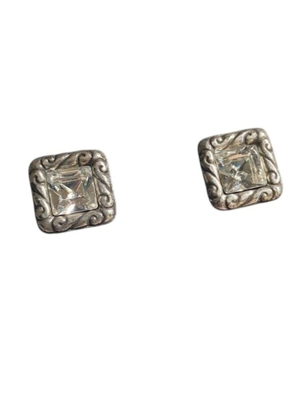 Square Crystal Stud Earring Silver Tone Scroll Details Vintage Bling Formal Gift